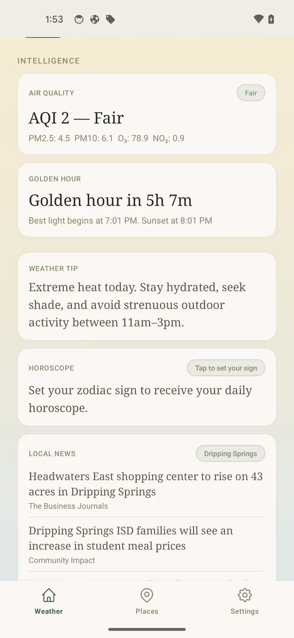 The Intelligence section showing an air-quality card reading AQI 2, a golden hour countdown, a heat-safety weather tip, a horoscope card and local news headlines.