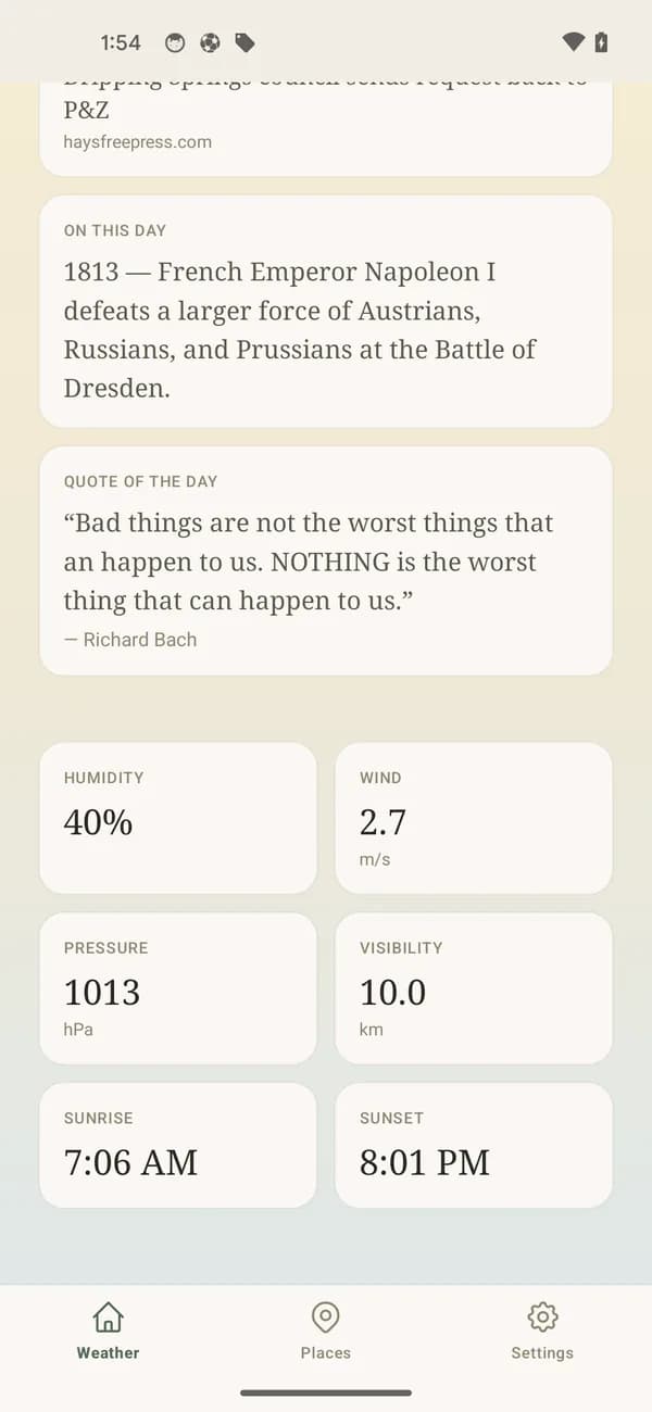 Cards showing an on-this-day entry and a quote of the day, above a grid of humidity, wind, pressure, visibility, sunrise and sunset readings.
