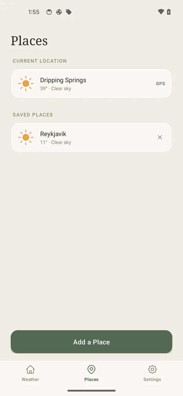 The Places tab listing Dripping Springs as the current GPS location and Reykjavik as a saved place, with an Add a Place button.